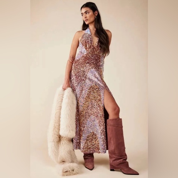 Free People Glitter & Gold Midi Sequin Halter Open Back Pink Dress Size S NWT - Picture 3 of 7